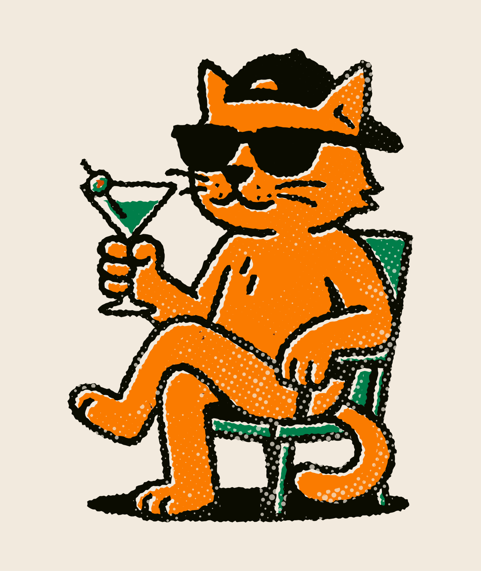 Gato ilustrado da Kreatv, com boné e óculos escuros segurando um martini